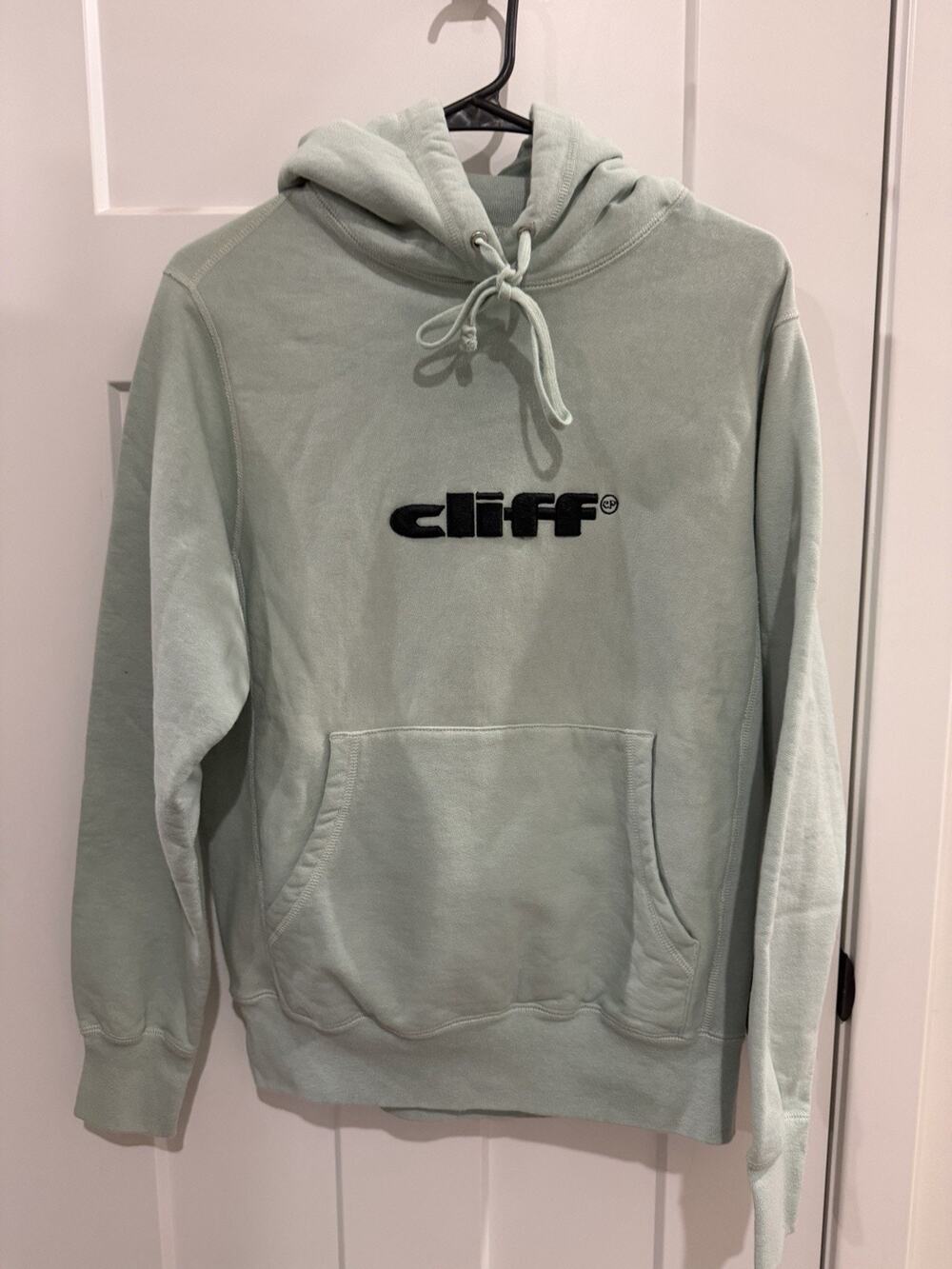 Cliff Logo Embroidered Pullover Hoodie Green Cotton Fleece Men’s Size S